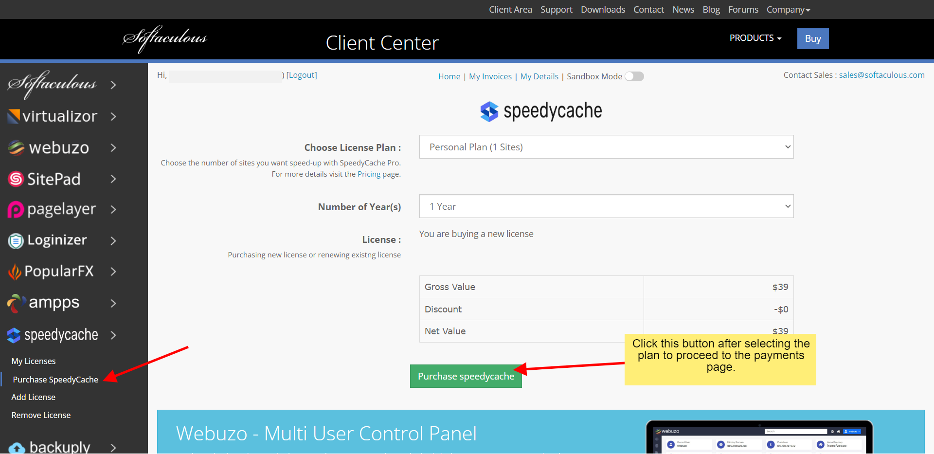 Select SpeedyCache Plan