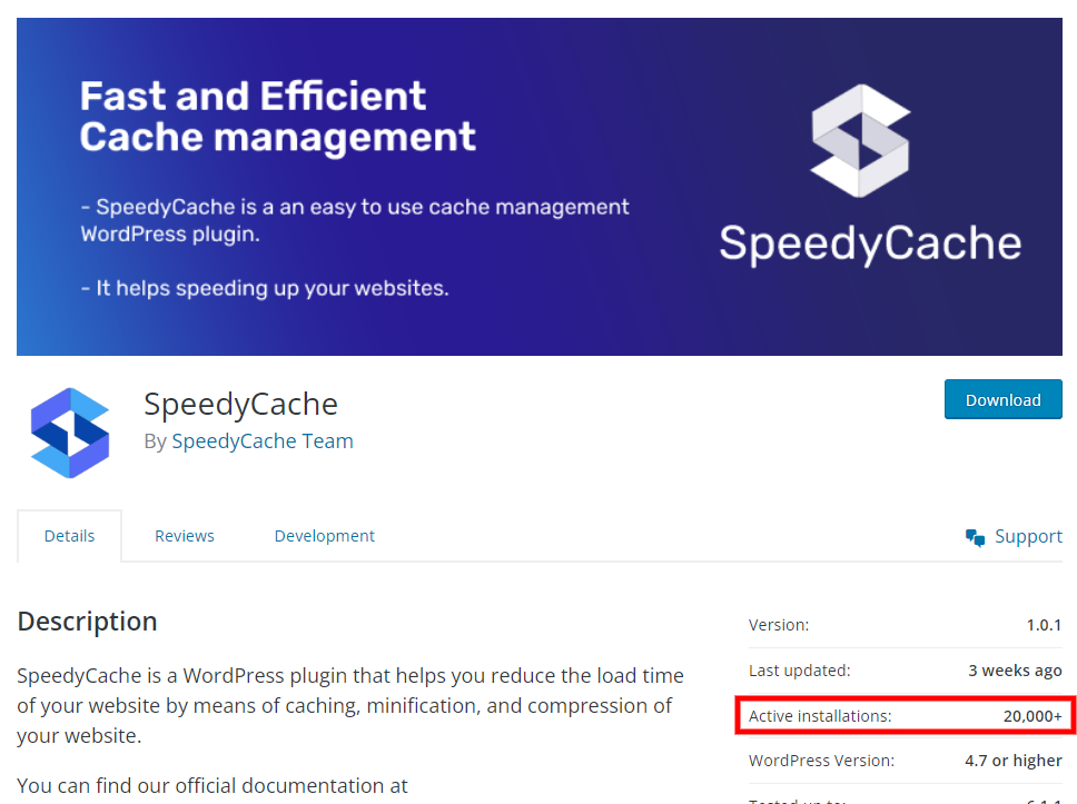 SpeedyCache WordPress plugin 20k installs stats SpeedyCache WordPress plugin 20k installs stats