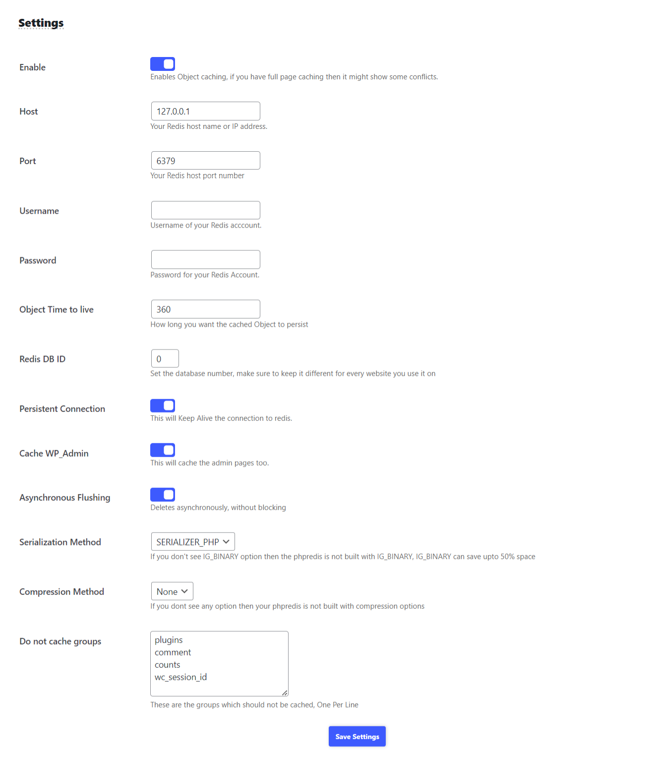 SpeedyCache Object Settings SpeedyCache Object Settings