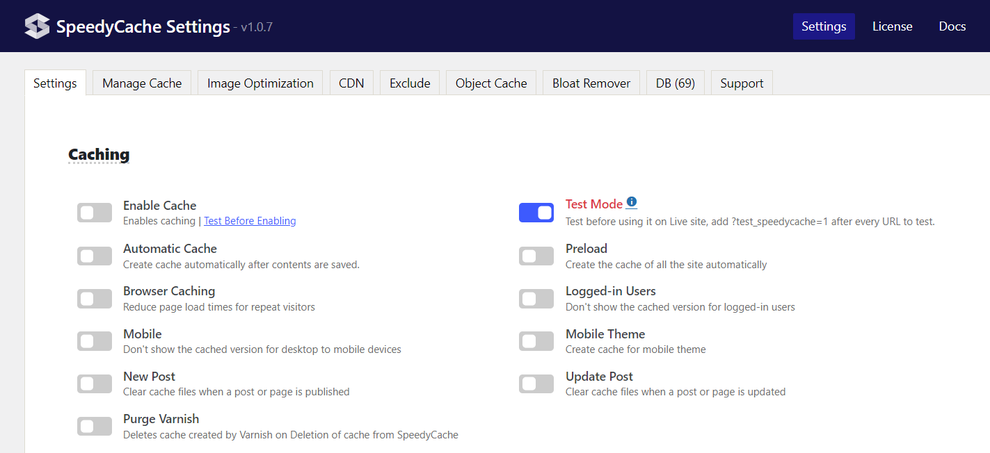 SpeedyCache Test Mode SpeedyCache Test Mode