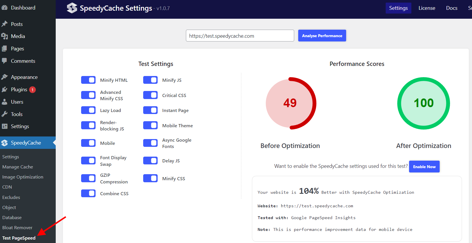 SpeedyCache Test PageSpeed SpeedyCache Test PageSpeed