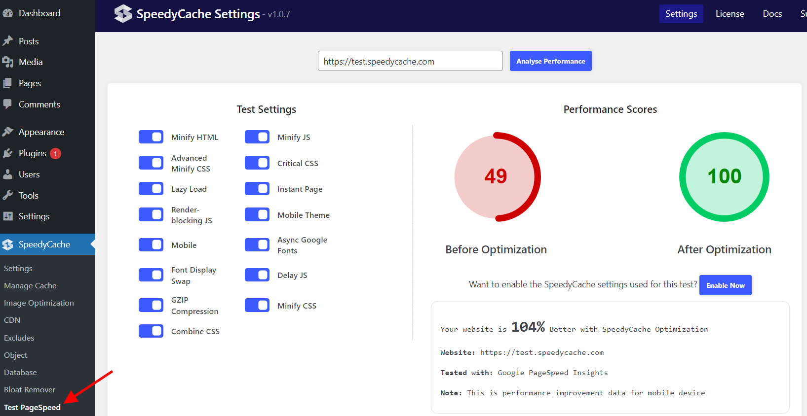 SpeedyCache Test PageSpeed