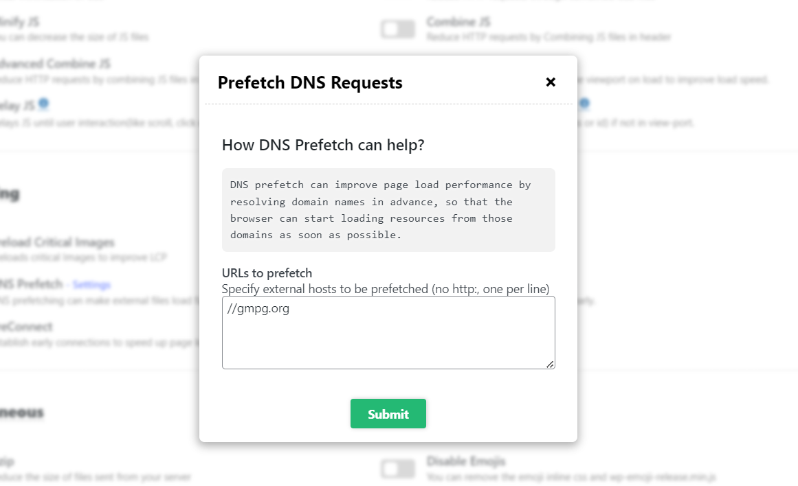DNS Prefetch Settings Modal DNS Prefetch Settings Modal