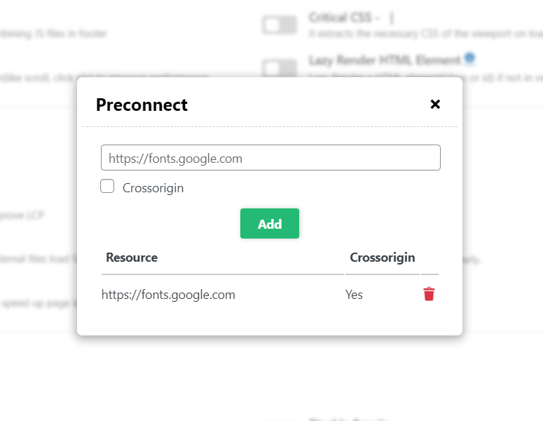 Preconnect Settings Modal Preconnect Settings Modal