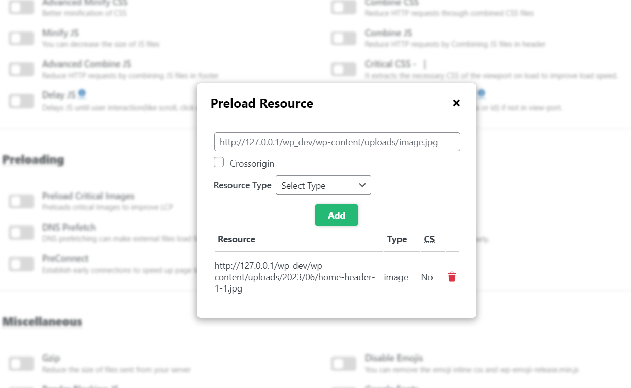 Preload Resource settings Modal Preload Resource settings Modal
