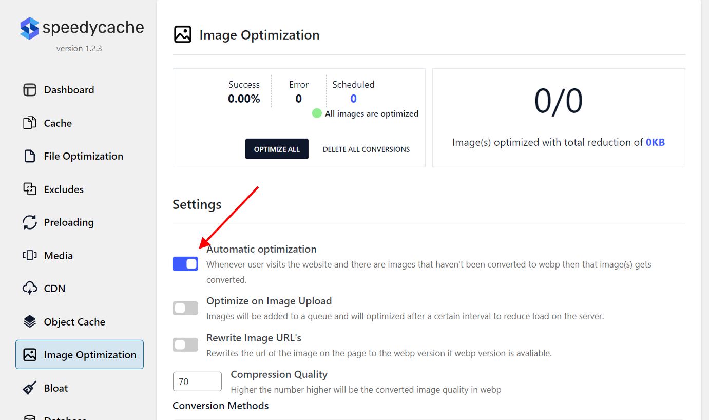 Automatic image optimization Automatic image optimization option enabled in Image optimization tab