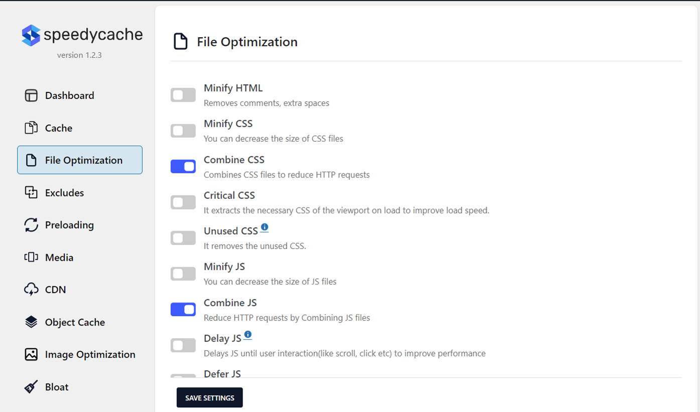 Combine CSS JS in WordPress Combine JS and CSS options enabled in File Optimization tab
