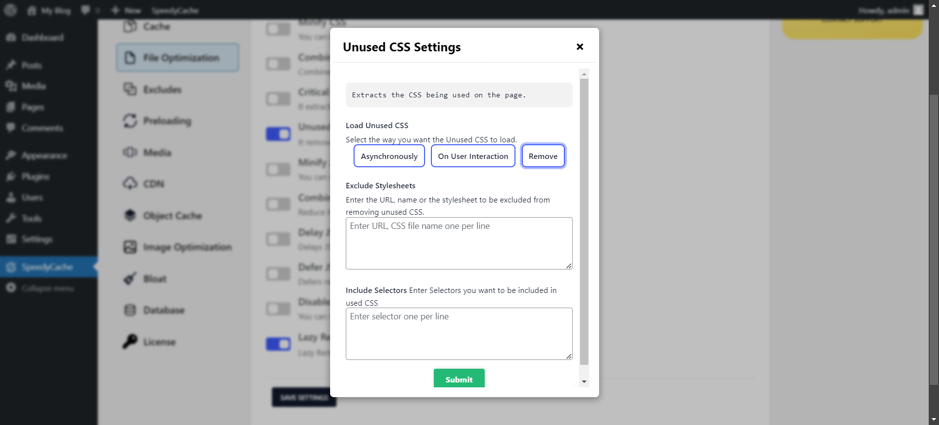 Remove Unused CSS Remove Unused CSS settings popup