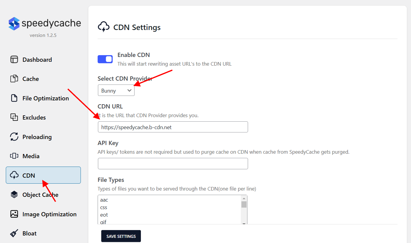 Bunny CDN Integration SpeedyCache CDN Settings panel showing integration steps for Bunny CDN, including options to enable CDN, select CDN provider, enter CDN URL