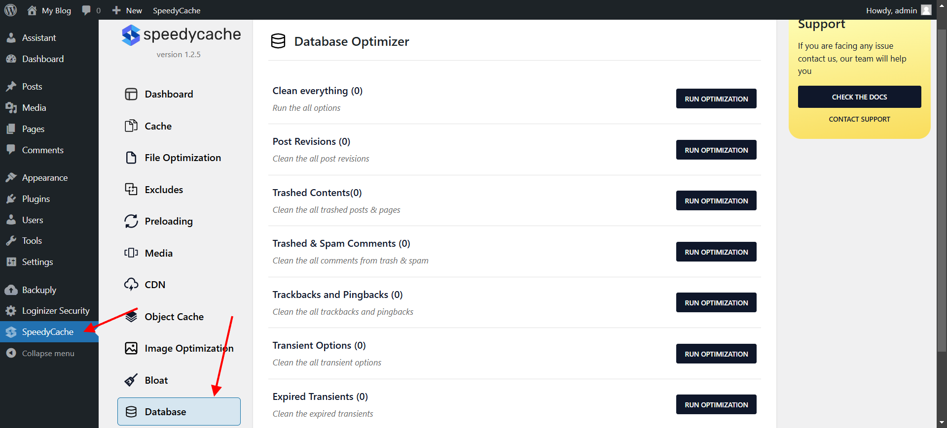 SpeedyCache DB Cleaner SpeedyCache DB Cleaner Tab