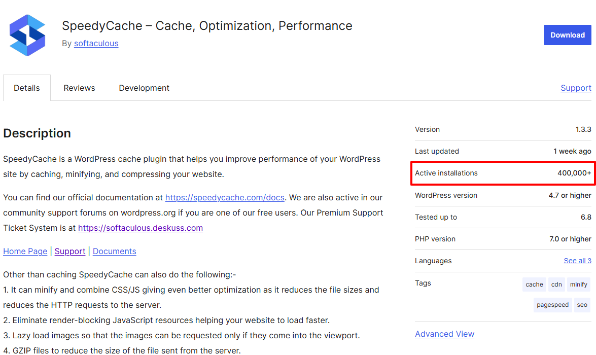 Screenshot of SpeedyCache crossing 400K on WordPress.org Screenshot of SpeedyCache crossing 400K on WordPress.org